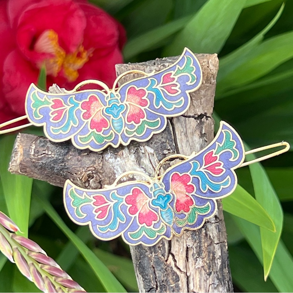 Vintage Cloisonné Enamel Butterfly Hair Barrettes – Set of 2